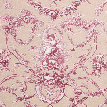 Tissu D'ameublement Toile De Jouy Rouge 100% Coton - Largeur 280 Cm, Vendu Au Mètre