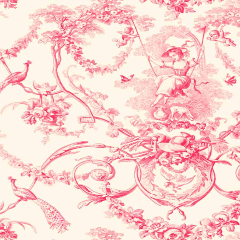 Coupon Tissu Ancien Coton - Motif Toile De Jouy Rose - Vintage - Pour Patchwork