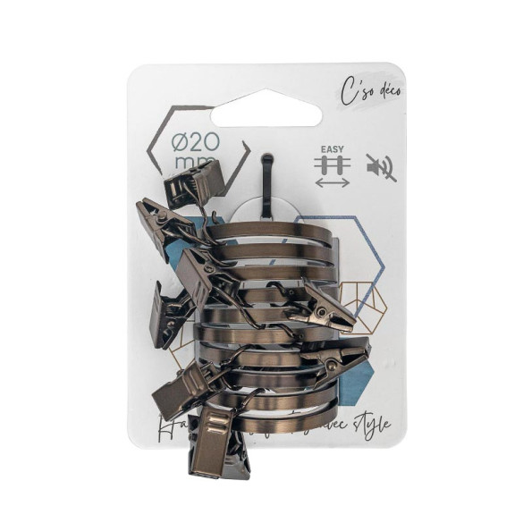 10 anneaux pince rideaux antic bronze pour barre Ø20mm