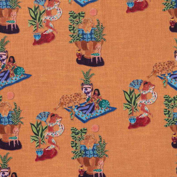 Toile de jouy Paresse Mediterraneenne lin caramel Thevenon