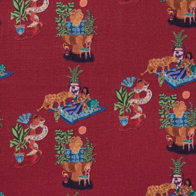 Toile de jouy Paresse Mediterraneenne lin bordeaux Thevenon