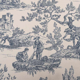 Toile de Jouy bleu scène de pêche grande largeur 280 cm