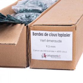 Carton de 250 bandes de clous tapissier Lentille Fer Vert émeraude 9,5 mm + 6000 clous