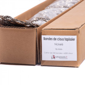 Carton de 125 bandes de clous tapissier Lentille Fer Nickelé 16 mm + 2000 clous