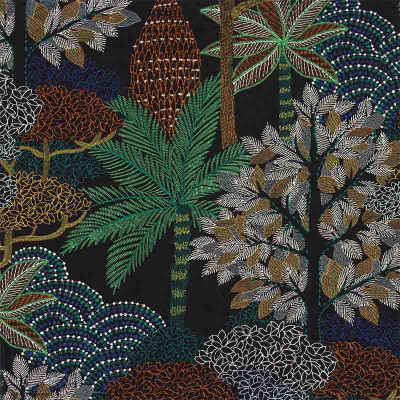 Tissu floral Voyage imaginaire noir éméraude Casamance