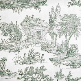 Toile de Jouy verte scène de pêche grande largeur 280 cm