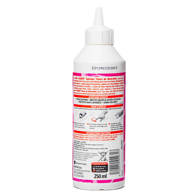 Colle tissus et passementerie liquide Sader 250ml